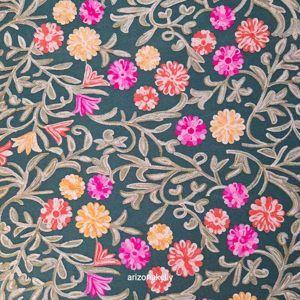 Green "Cashmere" Scarf with Chain Stitch Embroidery Flowers and Leaves - Picture 10 of 16